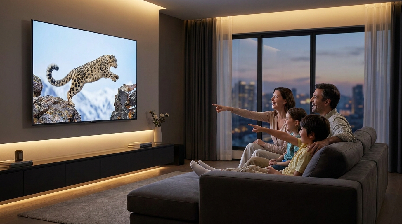 4k streaming iptv encoder - A family sitting on a modern sofa, joyfully