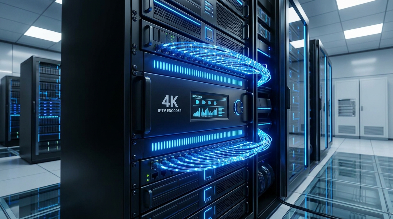 4k streaming iptv encoder - A futuristic, sleek black server rack with glowing