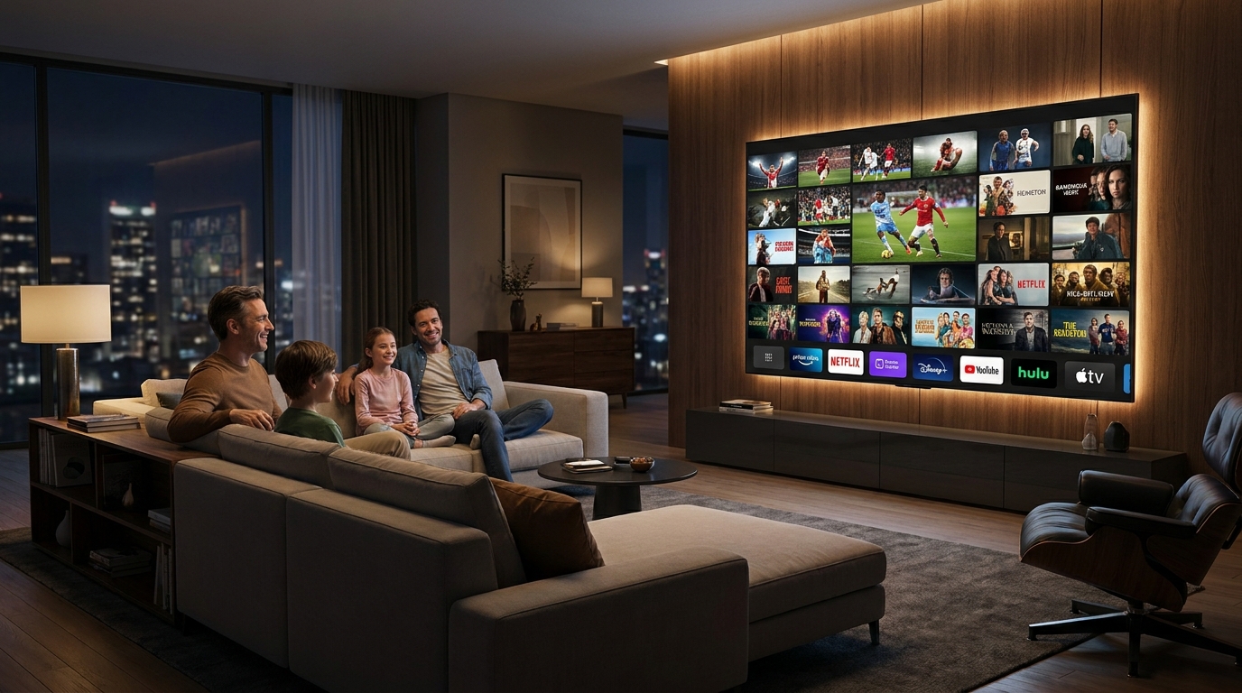 abonnement iptv - A family sitting on a modern sofa, smiling
