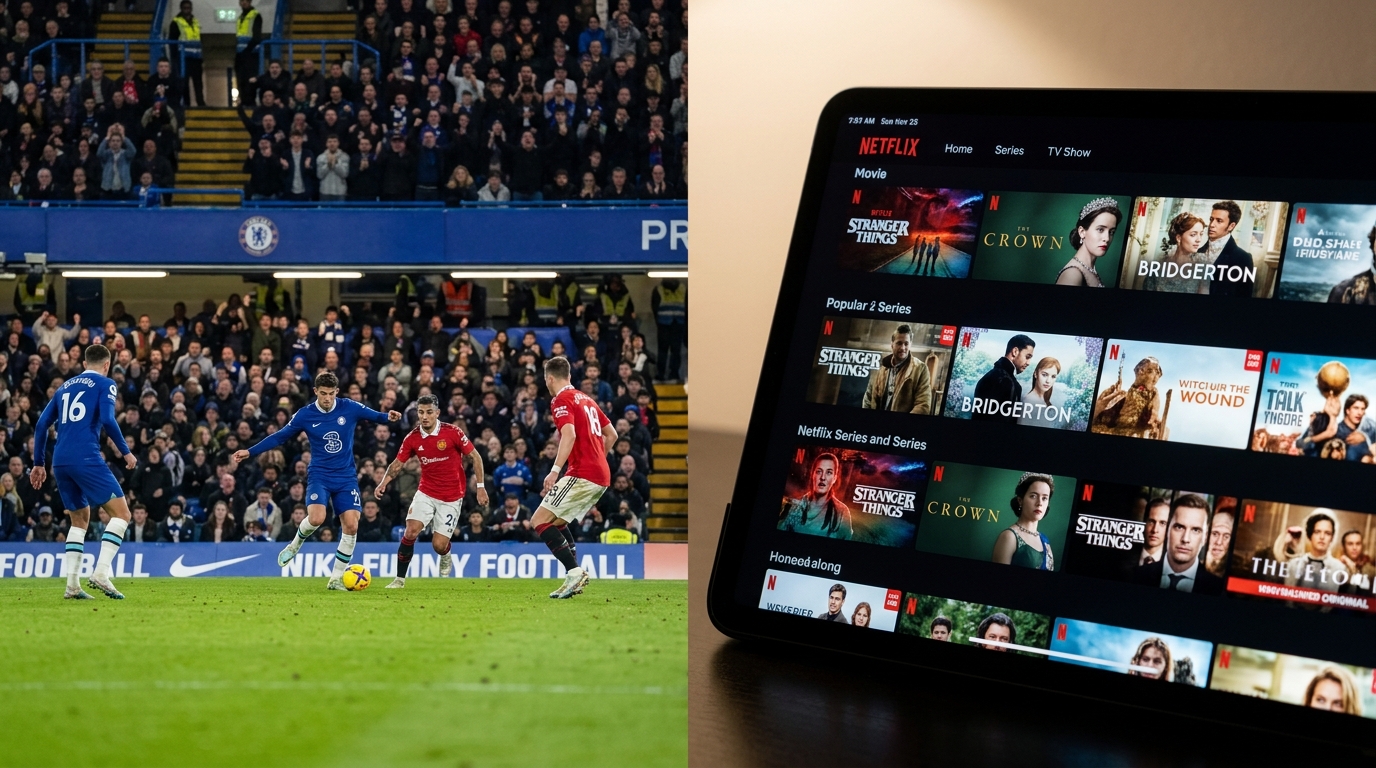 abonnement iptv - Split-screen image showing a live Premier League football