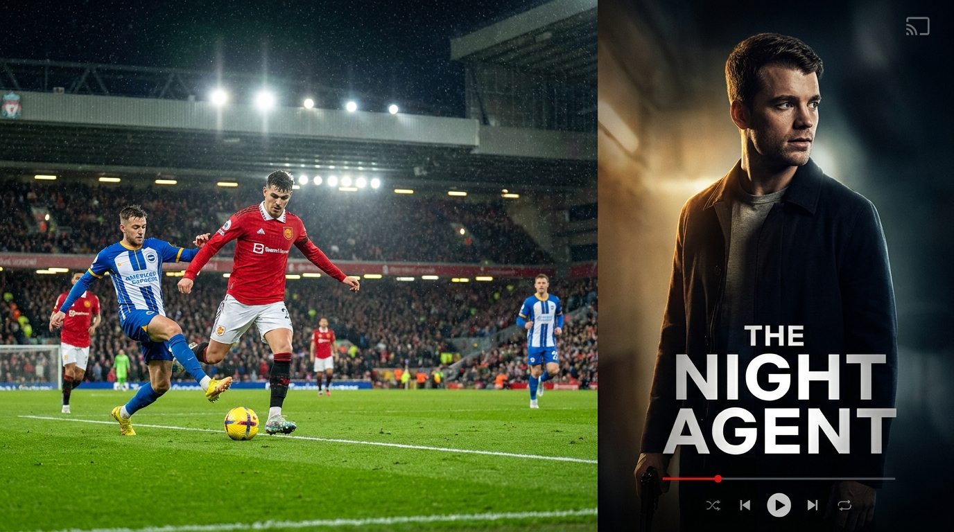 best android app for iptv - A dynamic split-screen image showing a live Premier