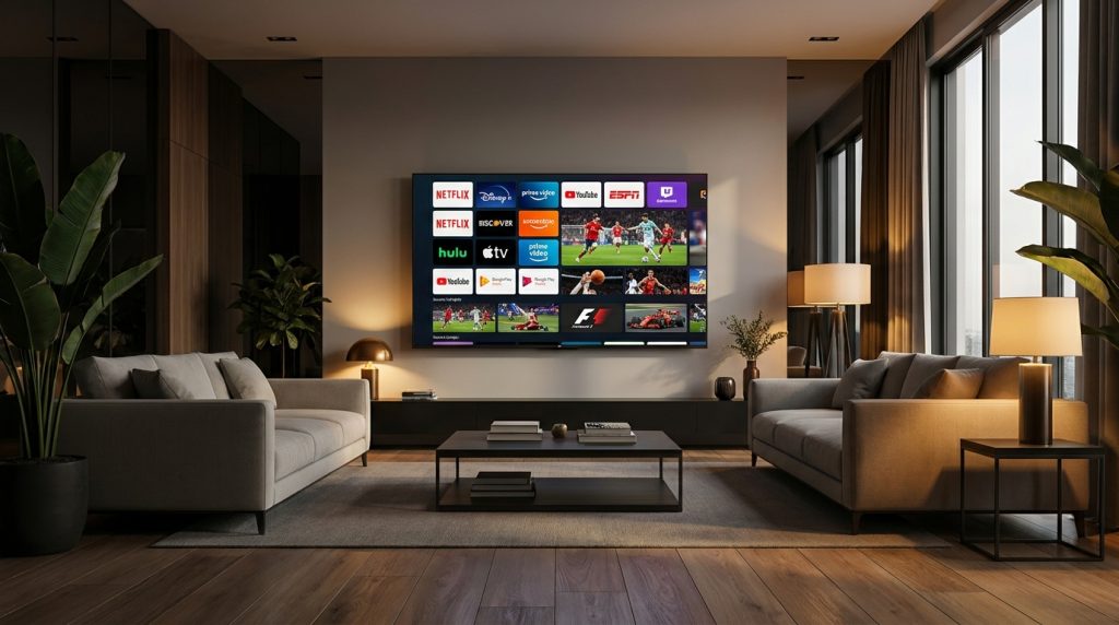 best android app for iptv - A sleek, modern living room with a large