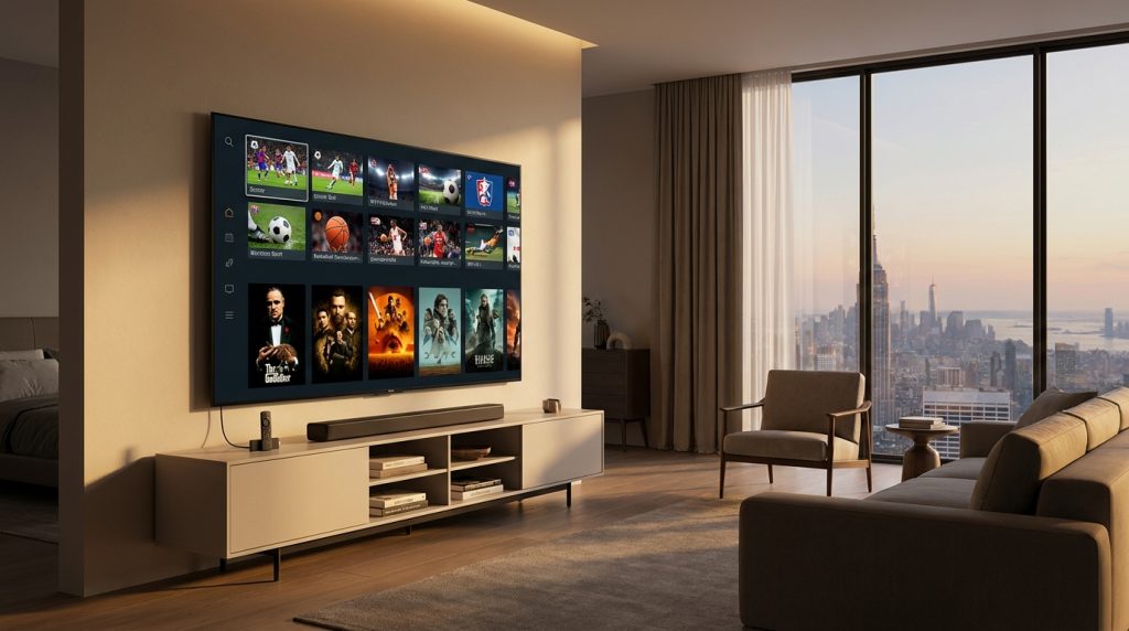 best app for iptv on firestick - A sleek, modern living room with a large