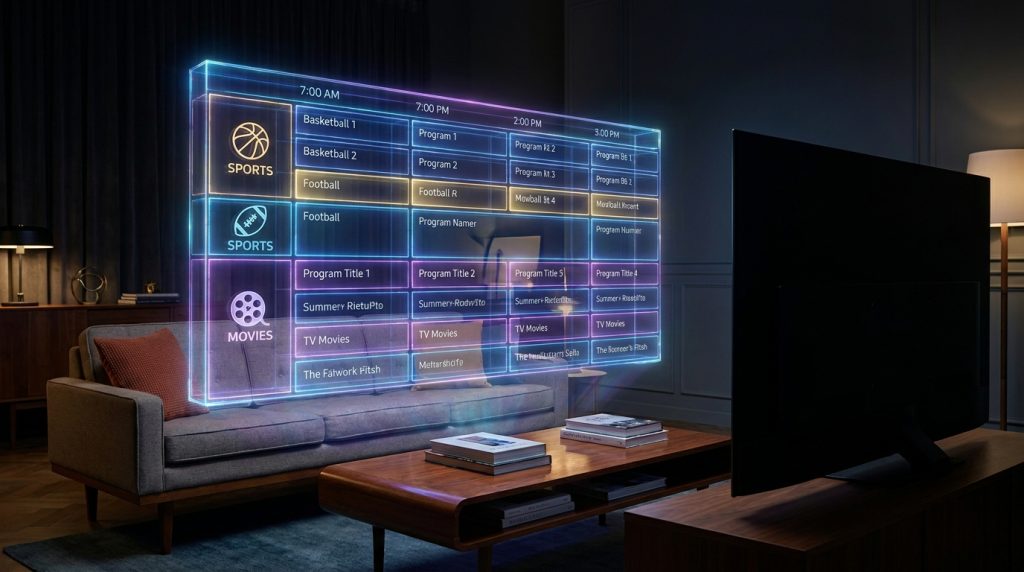 best epg for iptv - A futuristic, glowing grid of a TV program