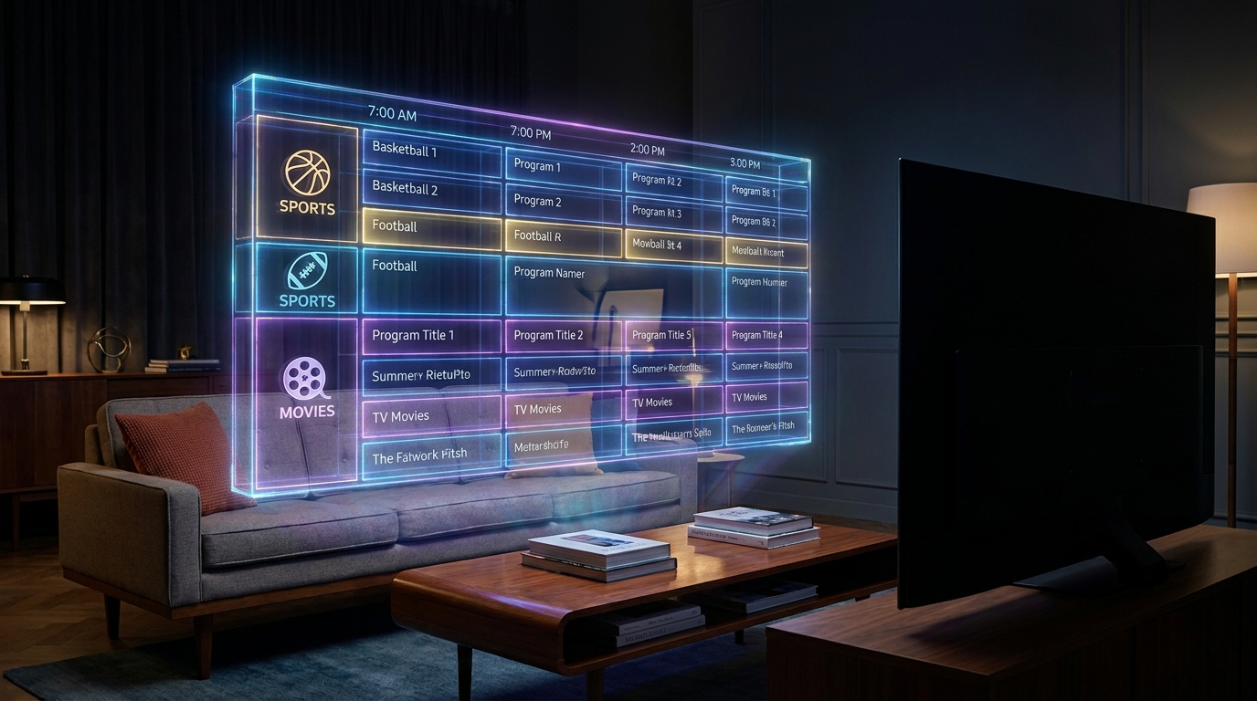 best epg for iptv - A futuristic, glowing grid of a TV program