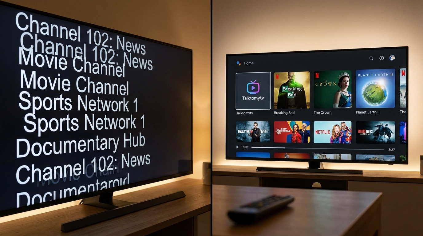 best epg for iptv - A split-screen image showing a chaotic, text-only channel