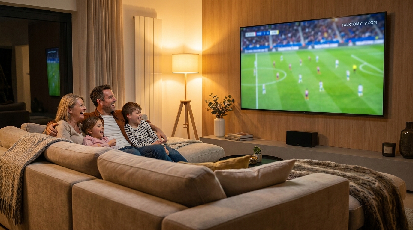 best for iptv - A family laughing together on a couch, watching