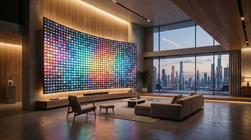 best for iptv - A stunning, futuristic living room with a massive,