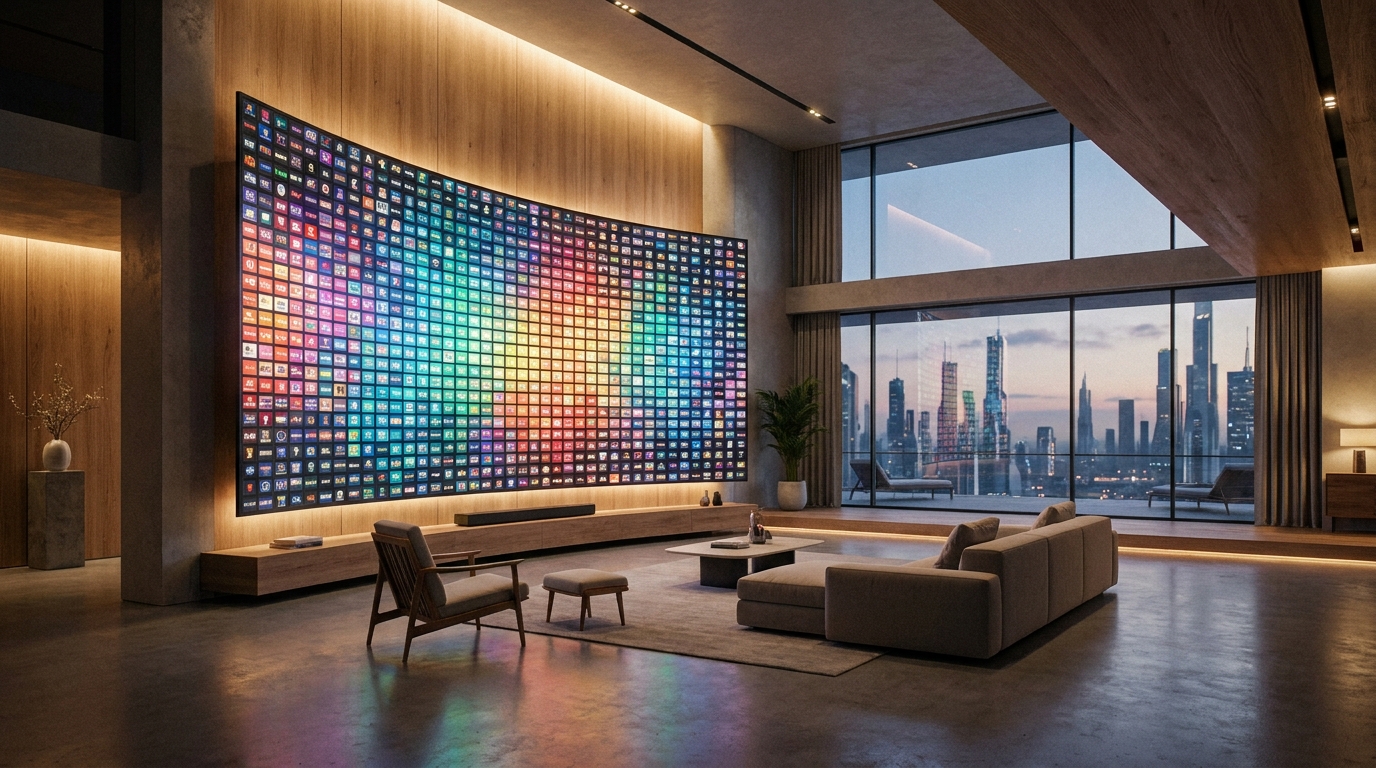 best for iptv - A stunning, futuristic living room with a massive,
