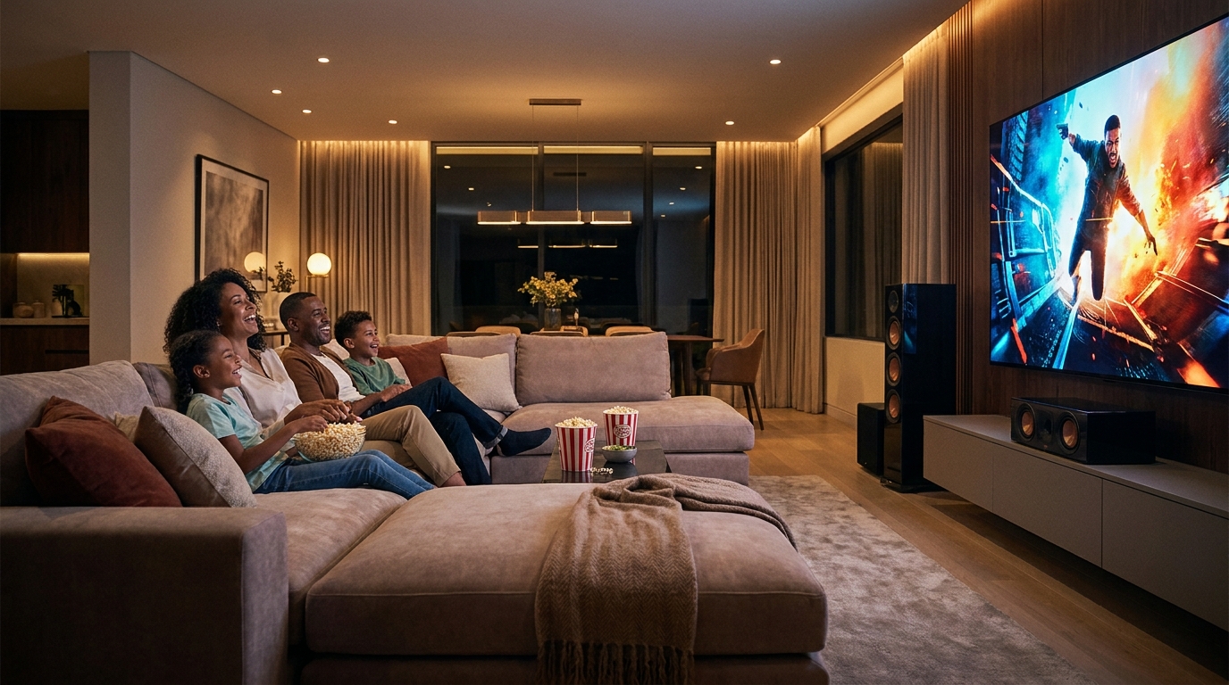 best iptv 2025 firestick - A family gathered on a comfortable sofa, smiling