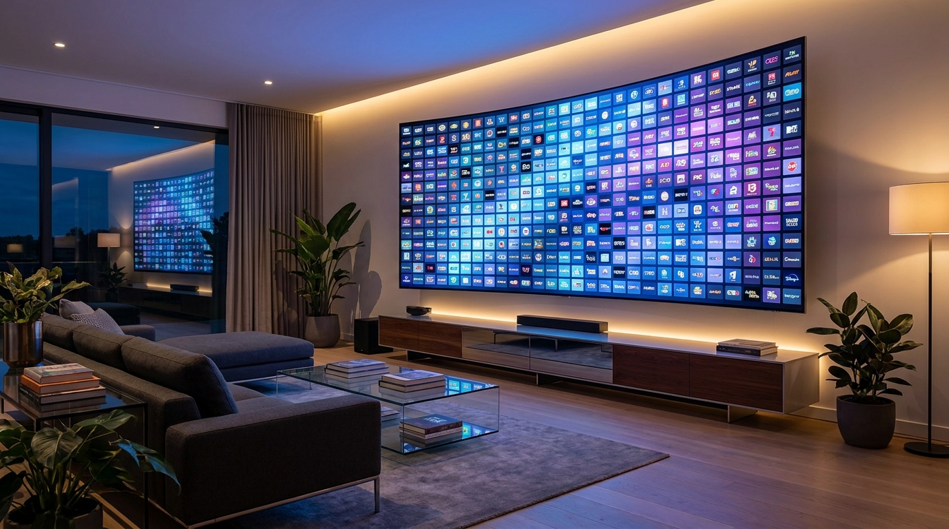 best iptv 2025 reddit - A futuristic living room with a massive, glowing
