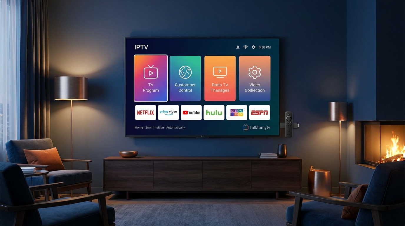 best iptv app firestick - A sleek, modern living room with a large