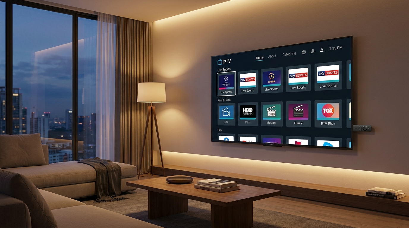 best iptv app for firestick 2025 - A sleek, modern living room with a large