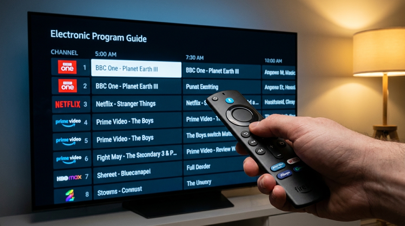best iptv app for firestick - A close-up shot of an Amazon Firestick remote