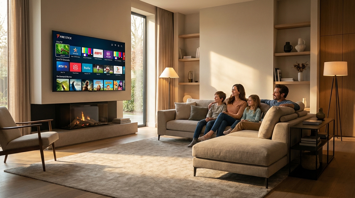 best iptv app for firestick - A modern living room with a large TV