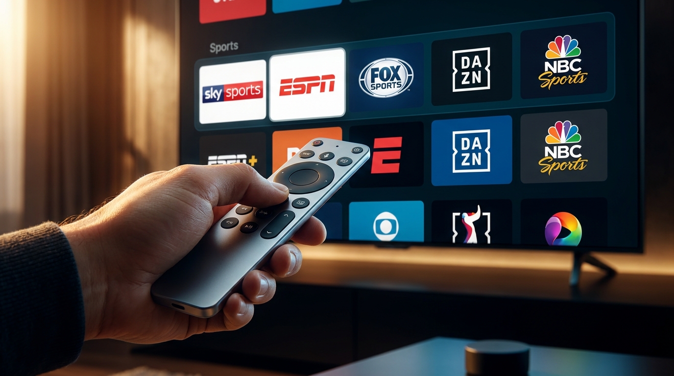 best iptv for sports - A close-up of a hand holding a remote