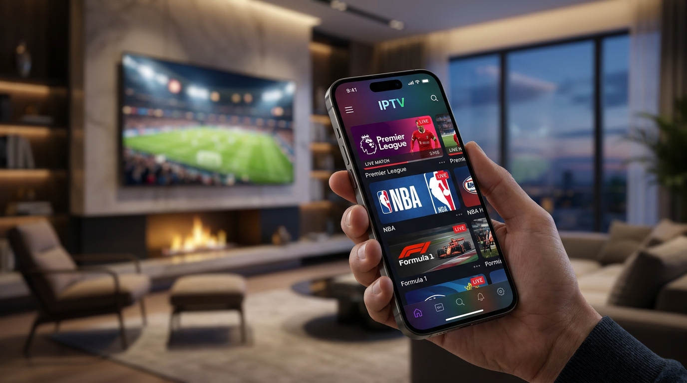 best iptv ios app - A sleek, modern living room with an iPhone