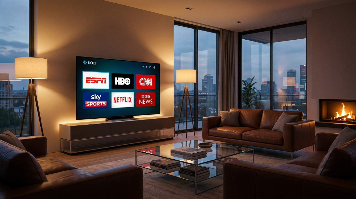 best iptv kodi - A sleek, modern living room with a large