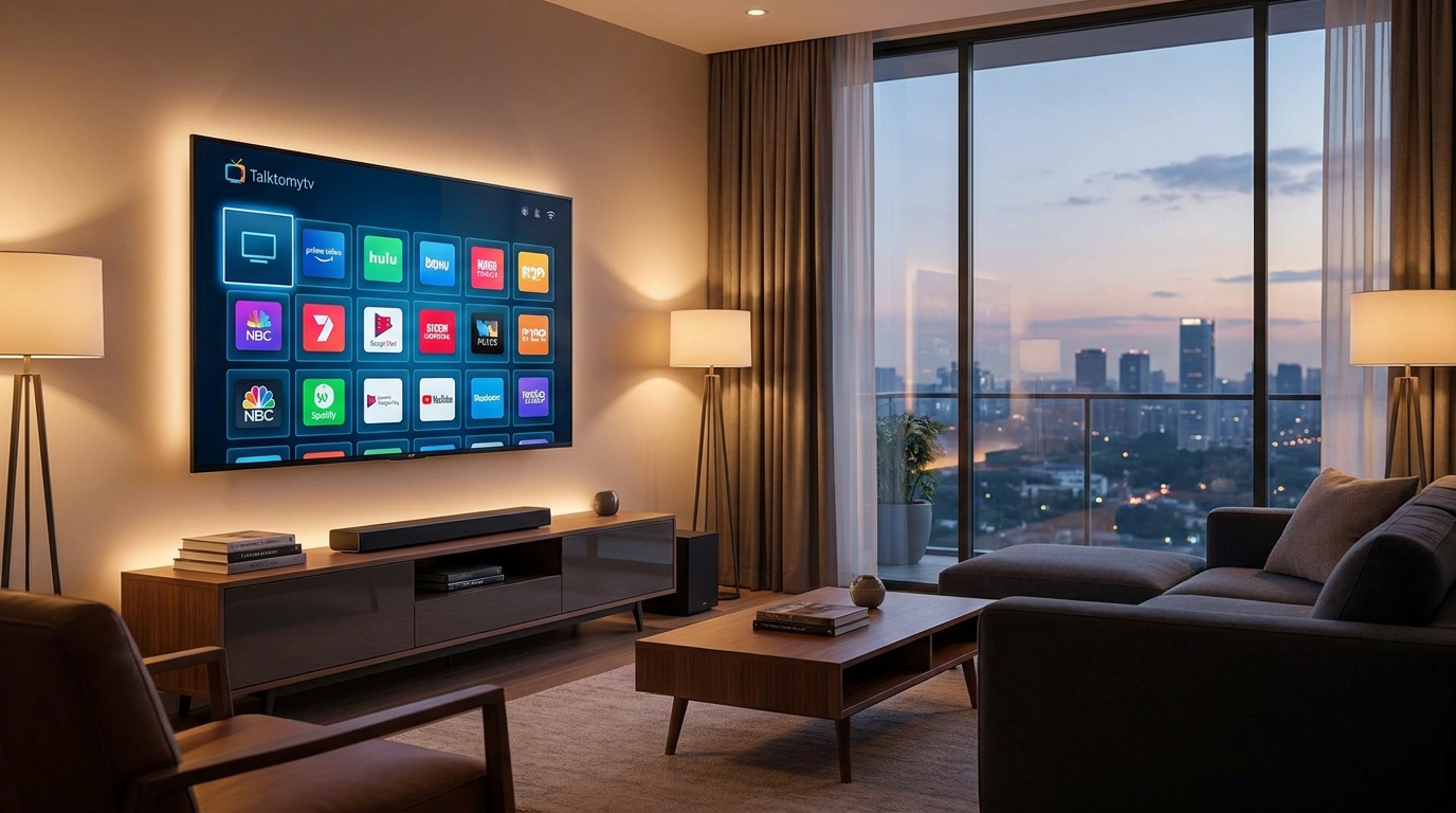 best iptv player firestick - A sleek, modern living room with a large