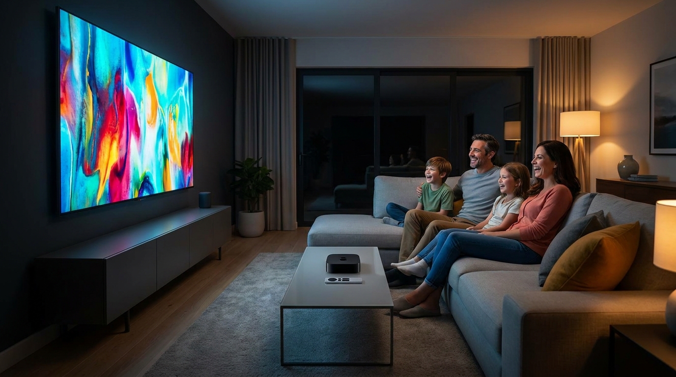 best iptv player for apple tv - A family is sitting on a couch, happily