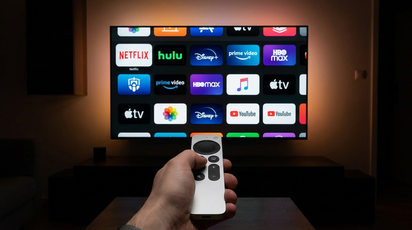 best iptv player for apple tv - A sleek Apple TV remote pointing at a