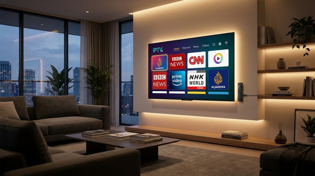 best iptv player for firestick 2024 - A sleek, modern living room with a large