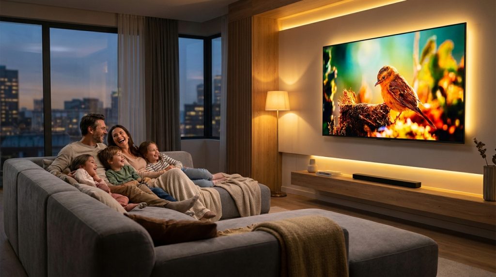 best iptv provider - A modern family on a couch, joyfully watching