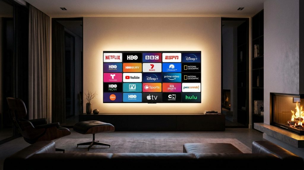 best iptv providers - A sleek, modern living room with a large