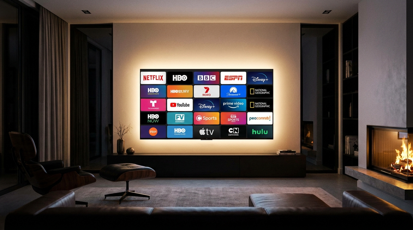 best iptv providers - A sleek, modern living room with a large