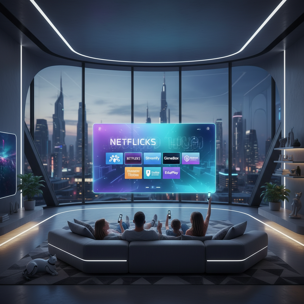best iptv service - A vibrant, futuristic living room with a large