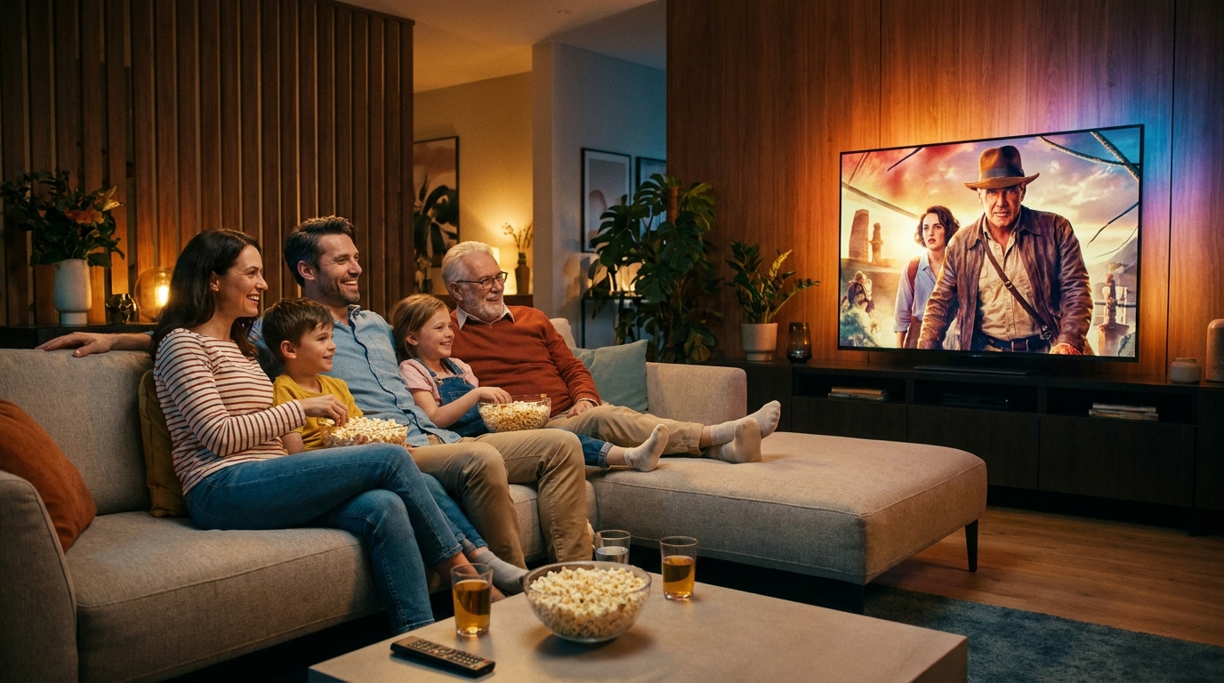 best iptv services - A family smiling on a couch, illuminated by