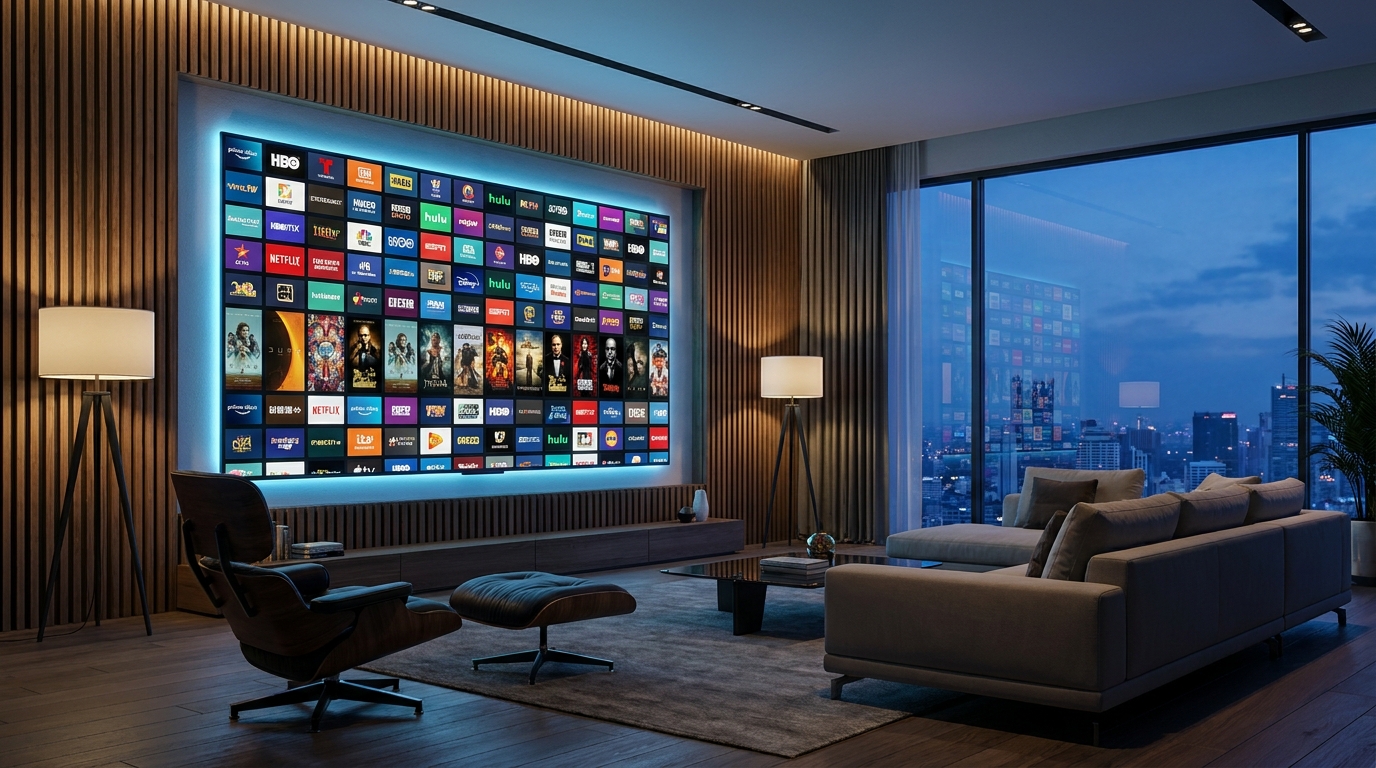 best iptv services - A modern living room with a large, glowing