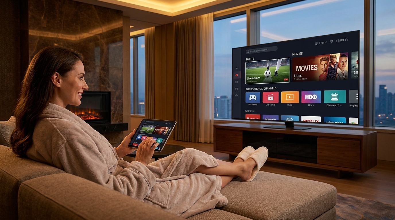 best multi channel iptv encoder for hotels - A close-up of a hotel guest relaxing in