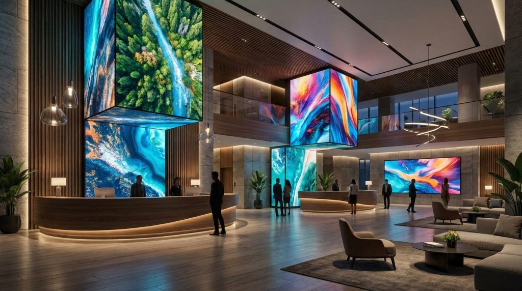 best multi channel iptv encoder for hotels - A sleek, modern hotel lobby with multiple screens