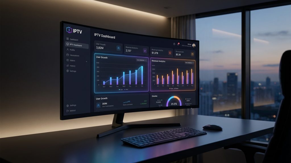 dino panel iptv reseller - A futuristic IPTV reseller dashboard on a computer