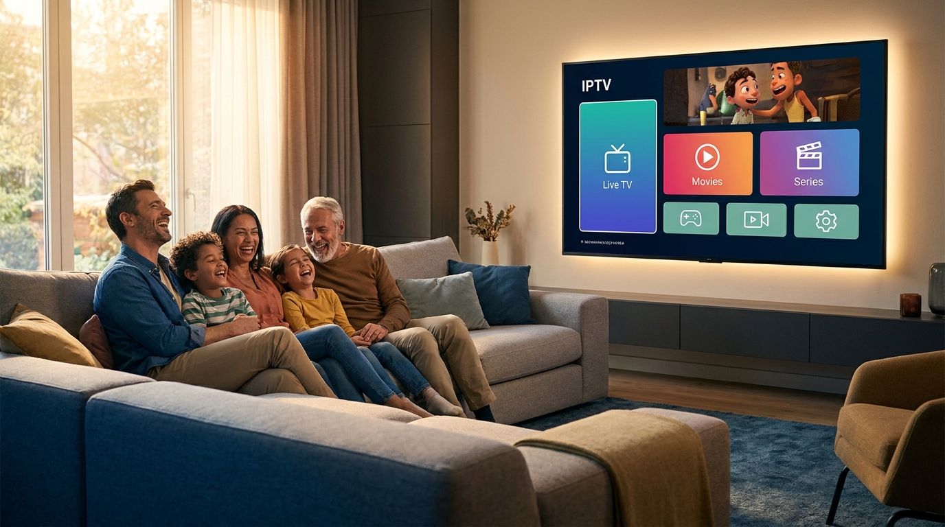 free popular iptv playlist - A diverse family laughing together on a sofa,