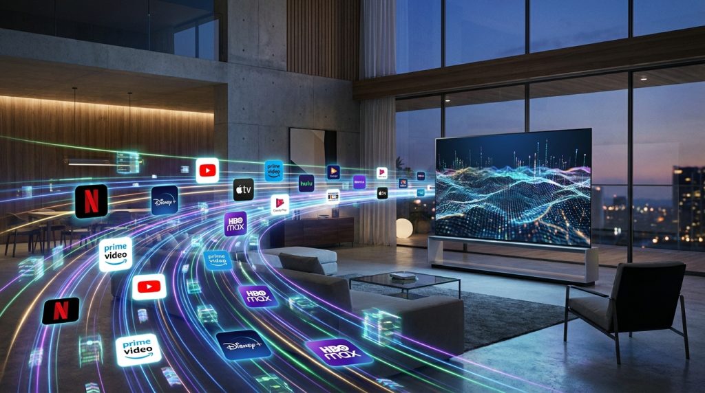 free popular iptv playlist - A futuristic digital stream of glowing channel icons