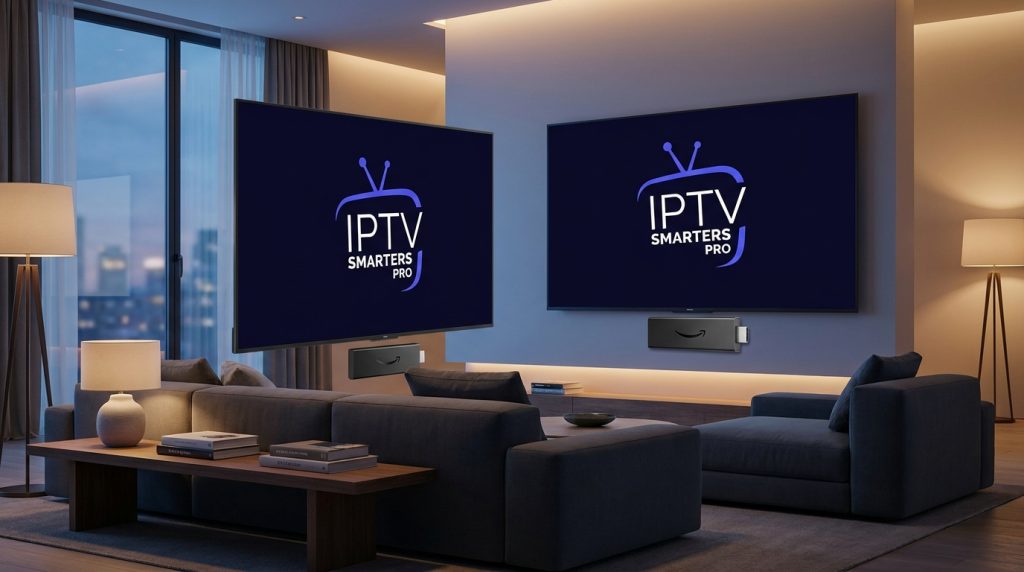 how to install iptv smarters pro on firestick - A sleek, modern living room with a large