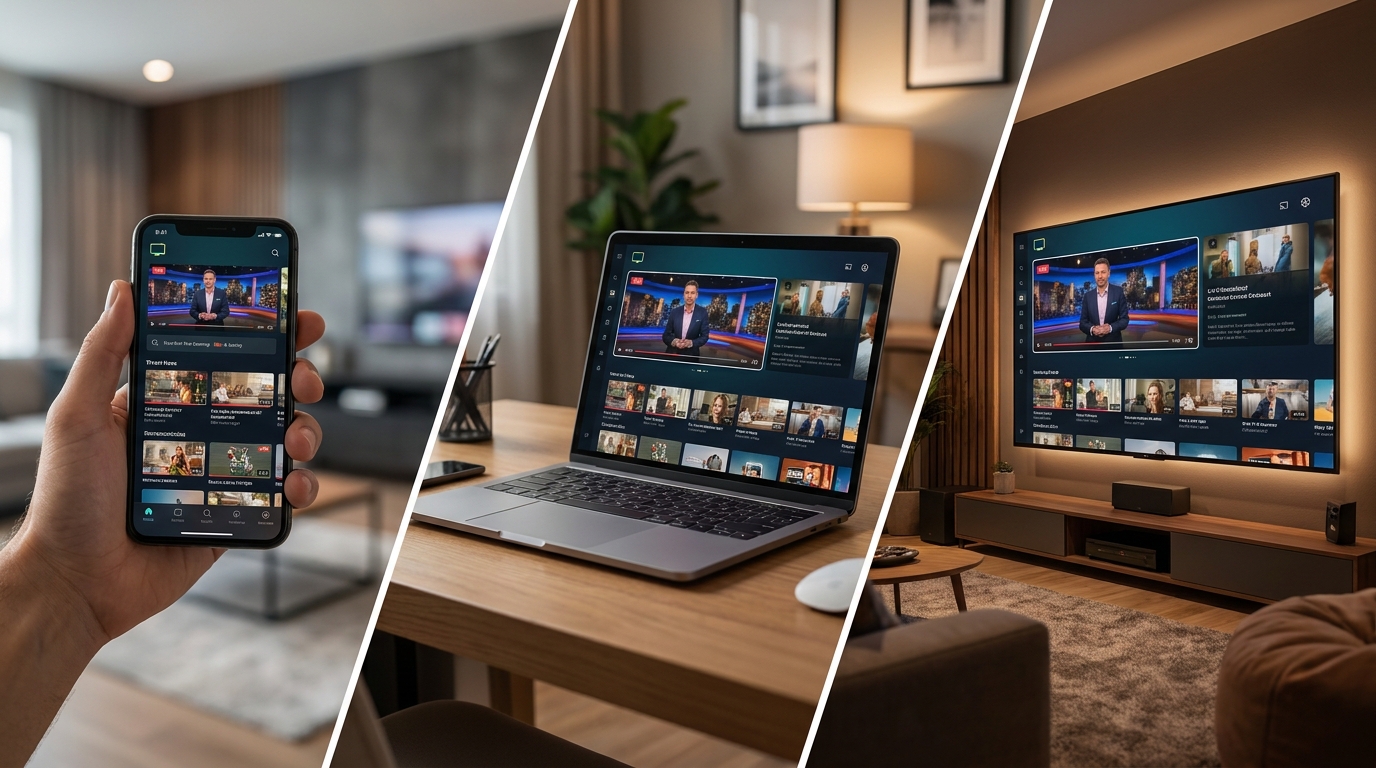 iptv app - A dynamic split-screen graphic showcasing the Talktomytv IPTV