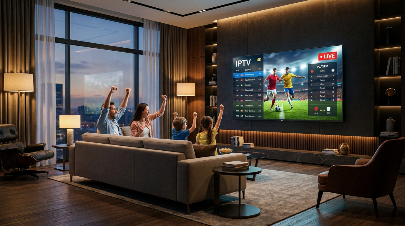 iptv app - A modern, stylish living room with a family