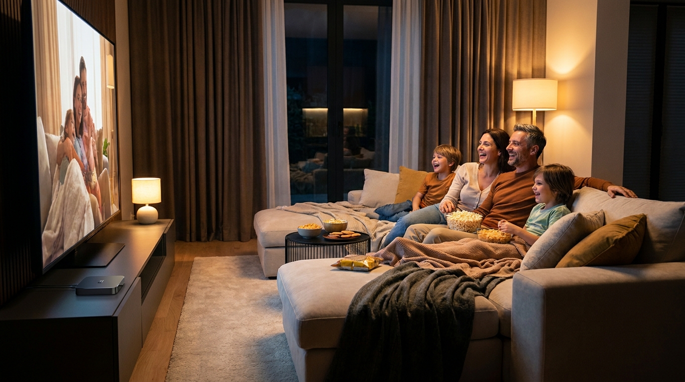 iptv app android - A family happily watching a movie on a