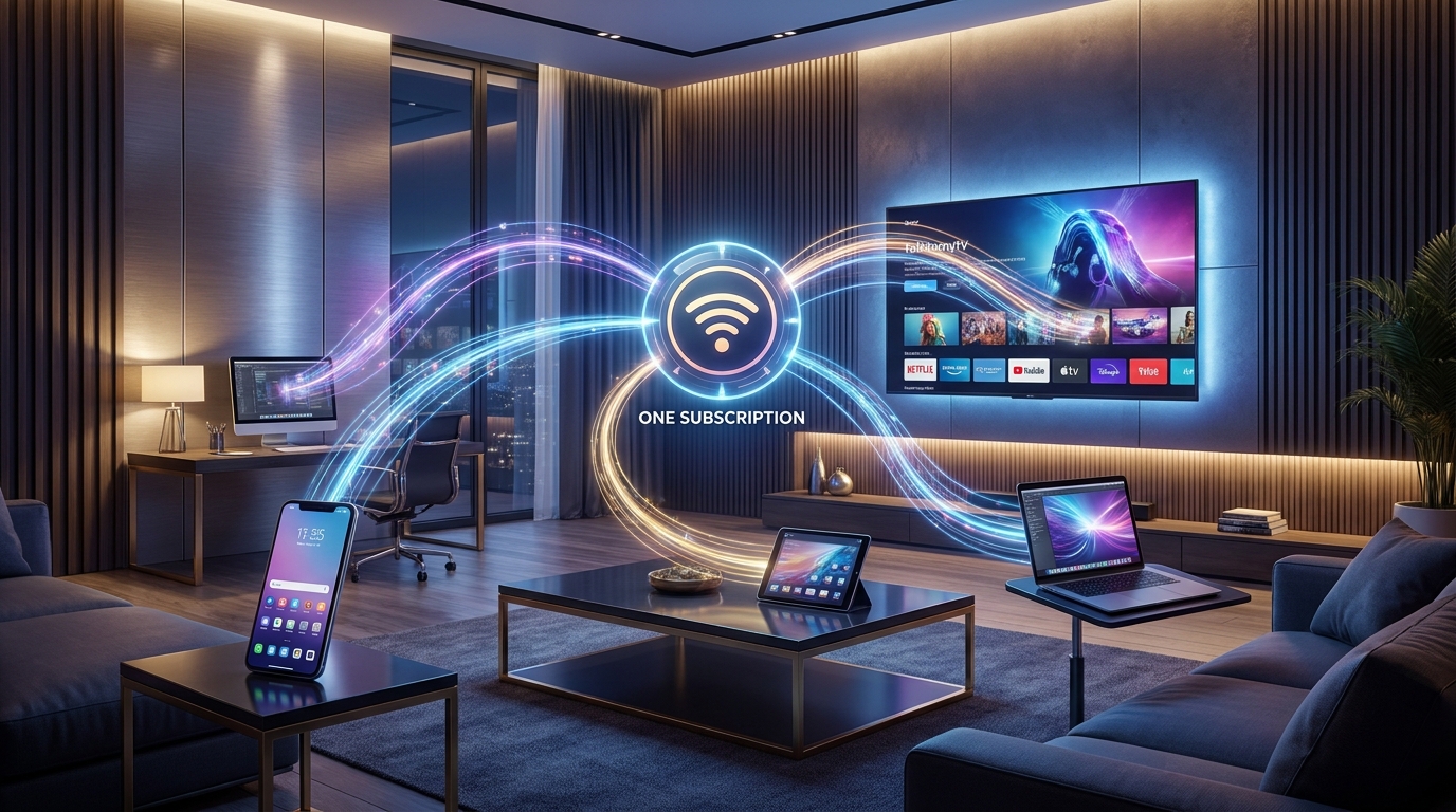 iptv box prices - A graphic illustrating the Talktomytv ecosystem: one subscription