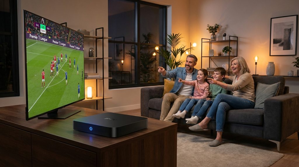 iptv box prices - A sleek, modern IPTV box next to a