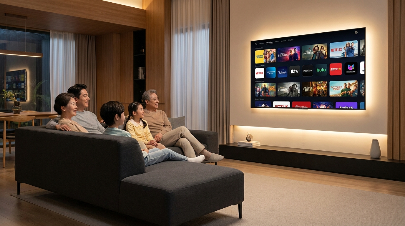 iptv channels lists - A family sitting on a modern sofa, smiling