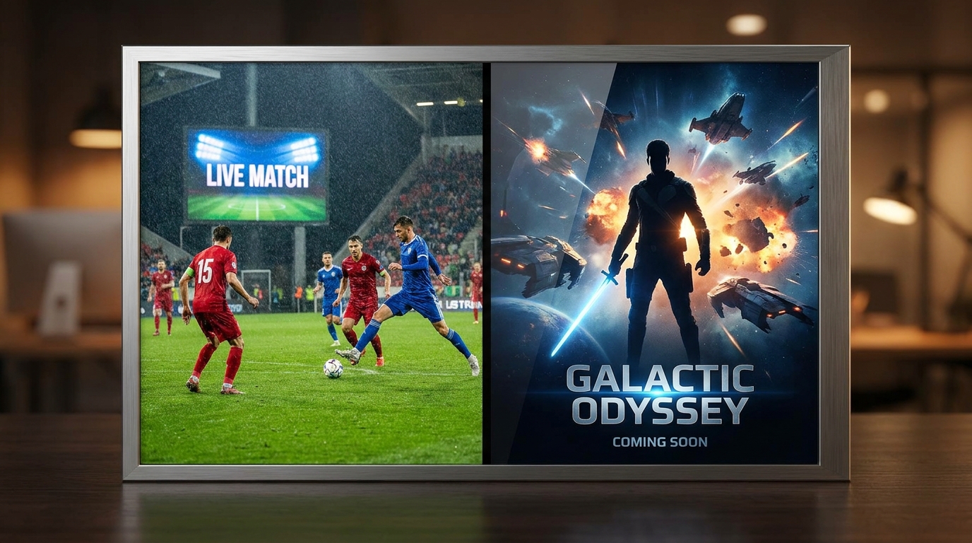 iptv providers for firestick - A dynamic split-screen image showing a live football