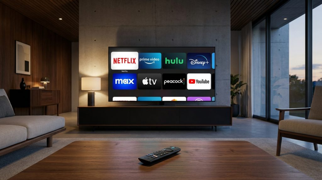 iptv providers for firestick - A sleek, modern living room with a large