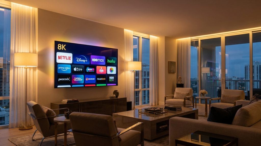 iptv providers in usa - A modern living room with a large screen