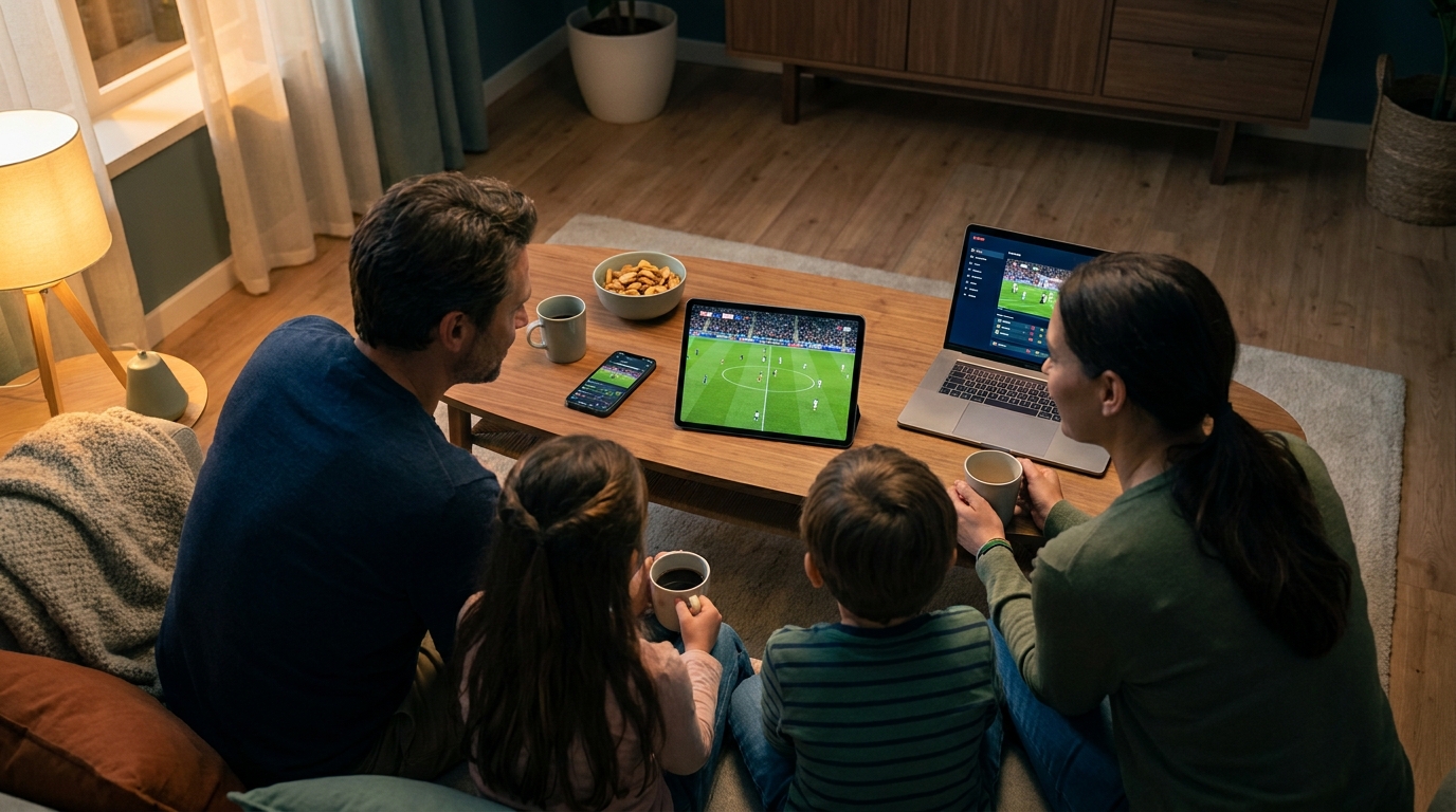 iptv providers in usa - An overhead view of a family enjoying a