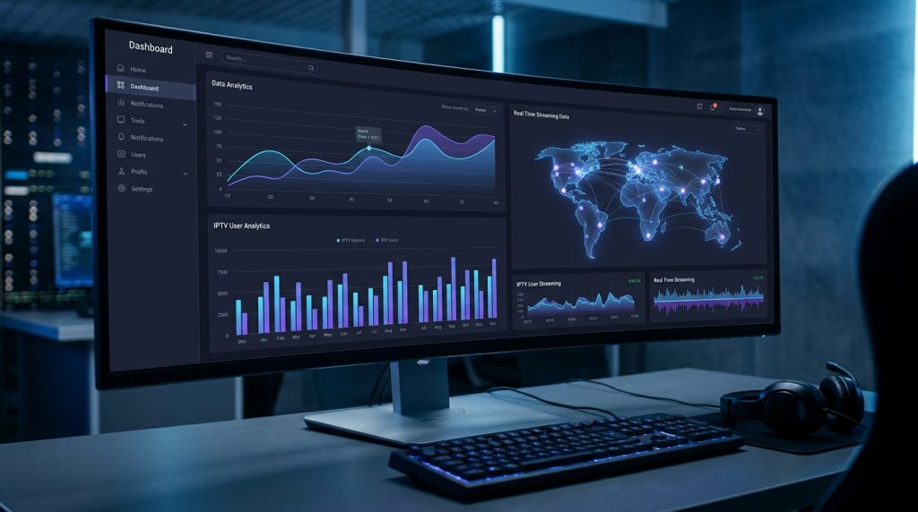 iptv reseller panel - A futuristic, sleek dashboard interface on a large