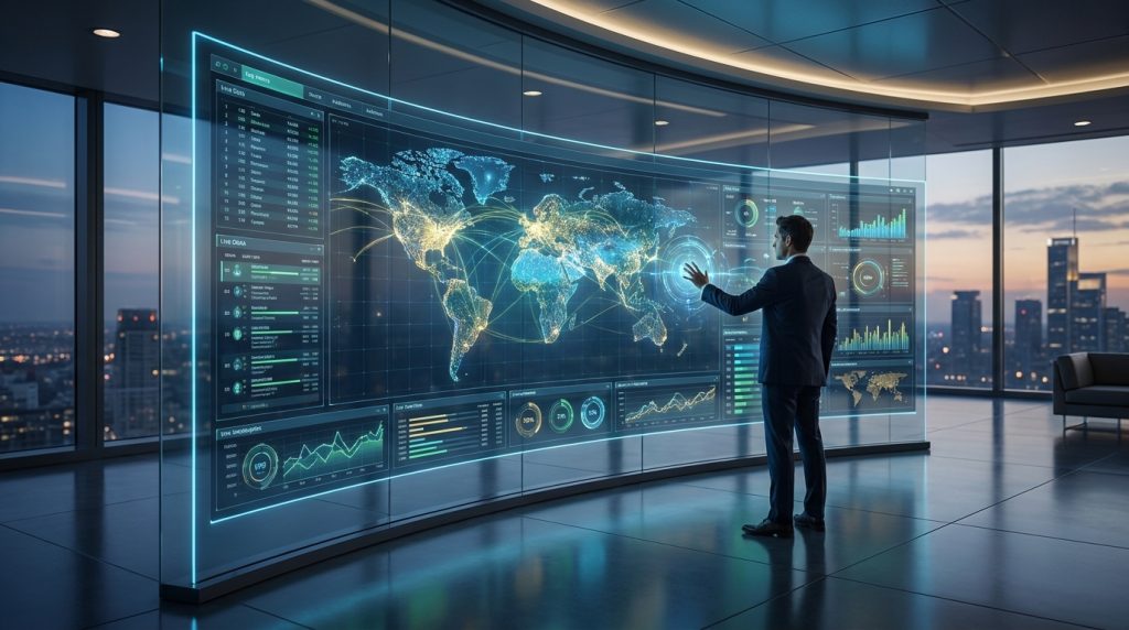 iptv resellers - A person managing a futuristic digital dashboard on